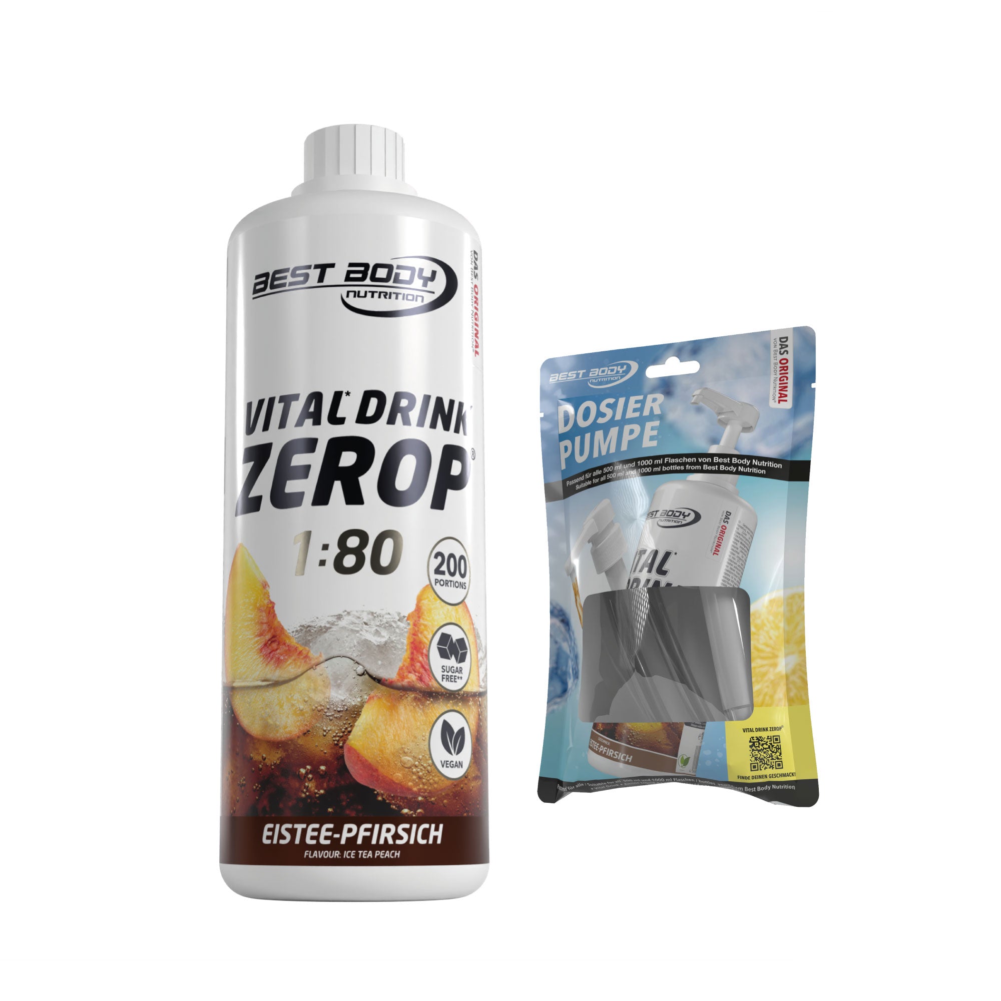 Vital Drink Zerop - Eistee Pfirsich - 1 L + Dosierpumpe#geschmack_eistee-pfirsich