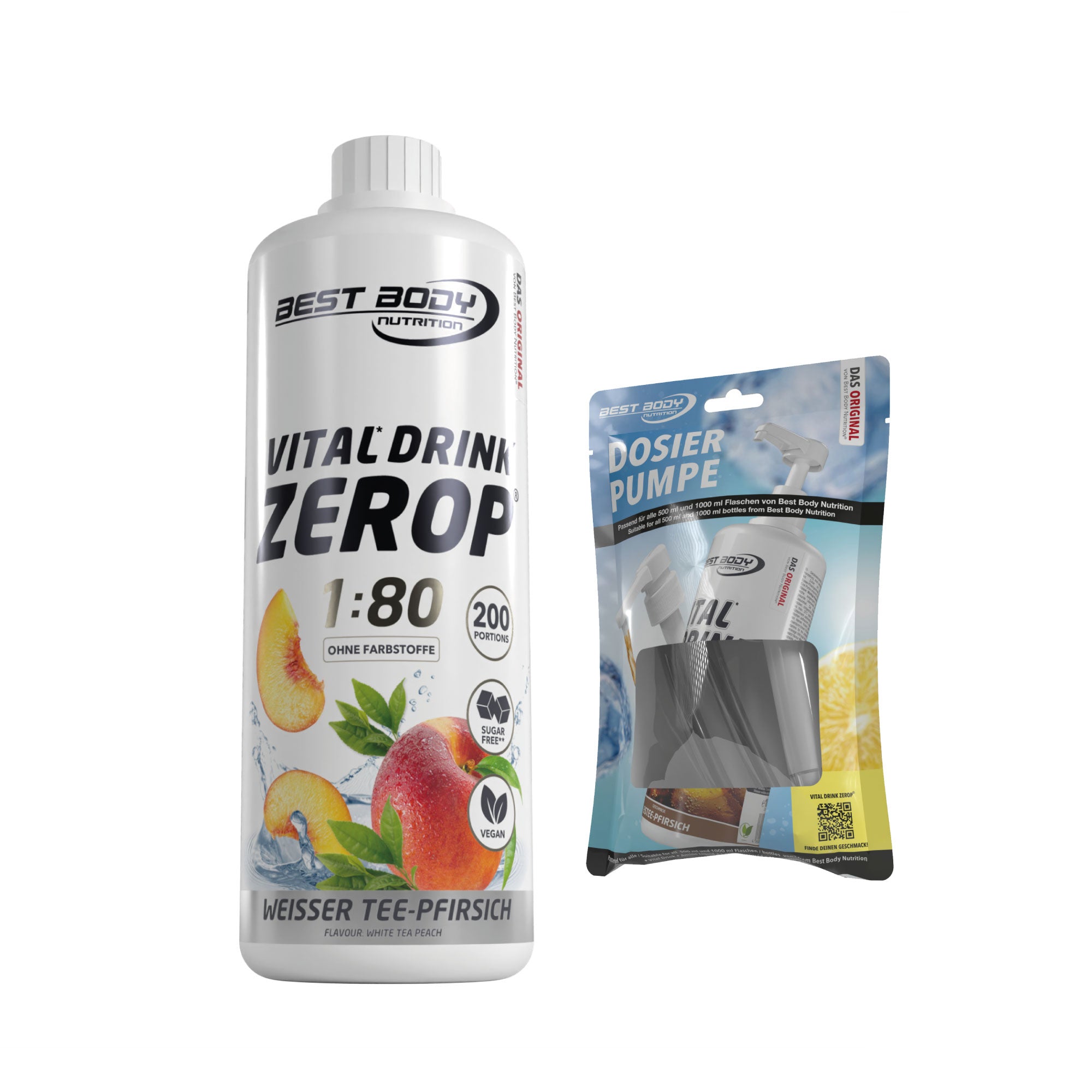 Vital Drink Zerop - Weißer Tee Pfirsich - 1 L + Dosierpumpe#geschmack_wei-er-tee-pfirsich