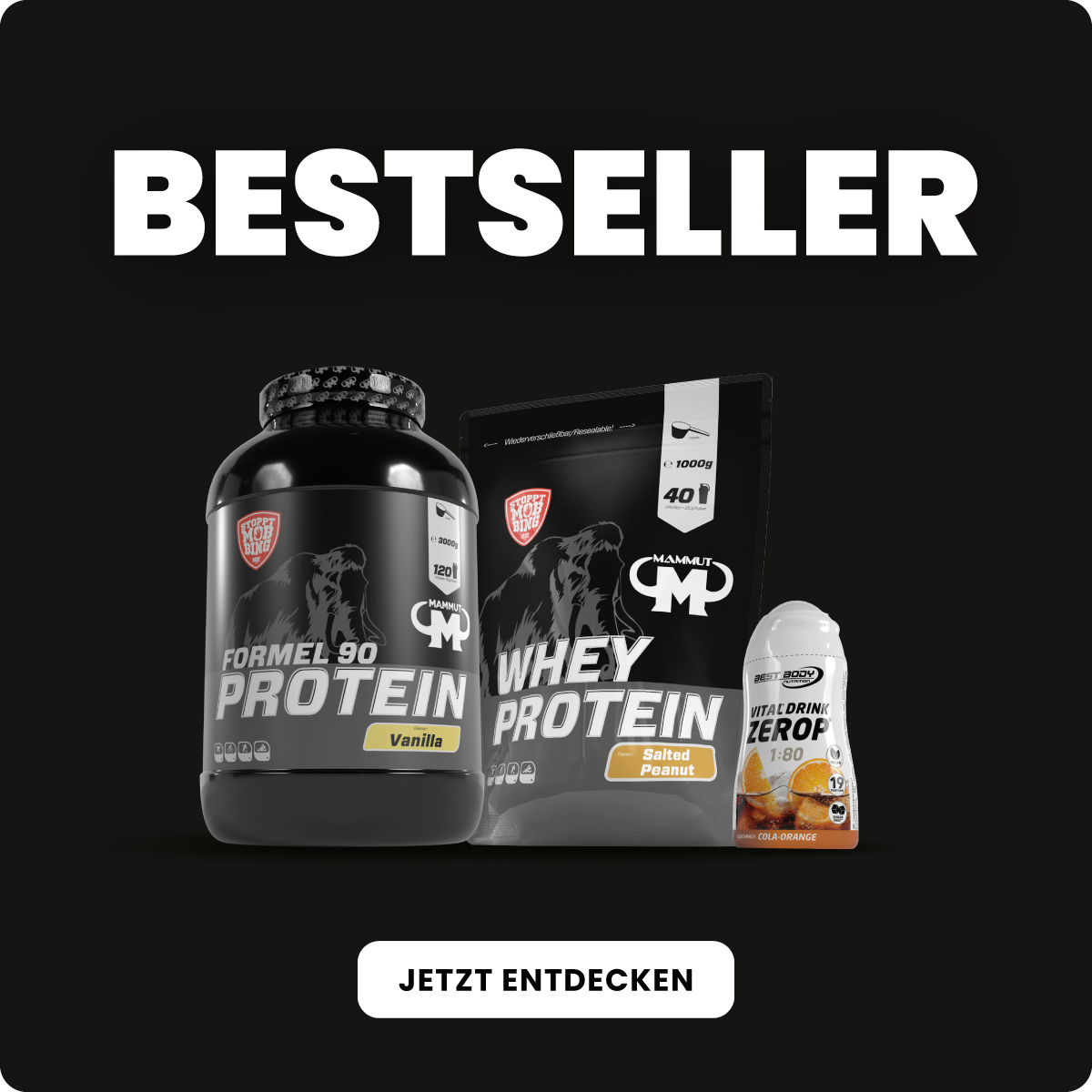 Schwarzer Hintergrund mit weißem Schriftzug „Bestseller“. Darunter drei Produkte: links ein schwarzer Behälter Mammut Formel 90 Protein Vanilla, in der Mitte ein Beutel Mammut Whey Protein Salted Peanut, rechts eine weiße Flasche Best Body Nutrition Vital Drink Zerop Cola-Orange. Unten ein weißer Button mit der Aufschrift „Jetzt entdecken“.