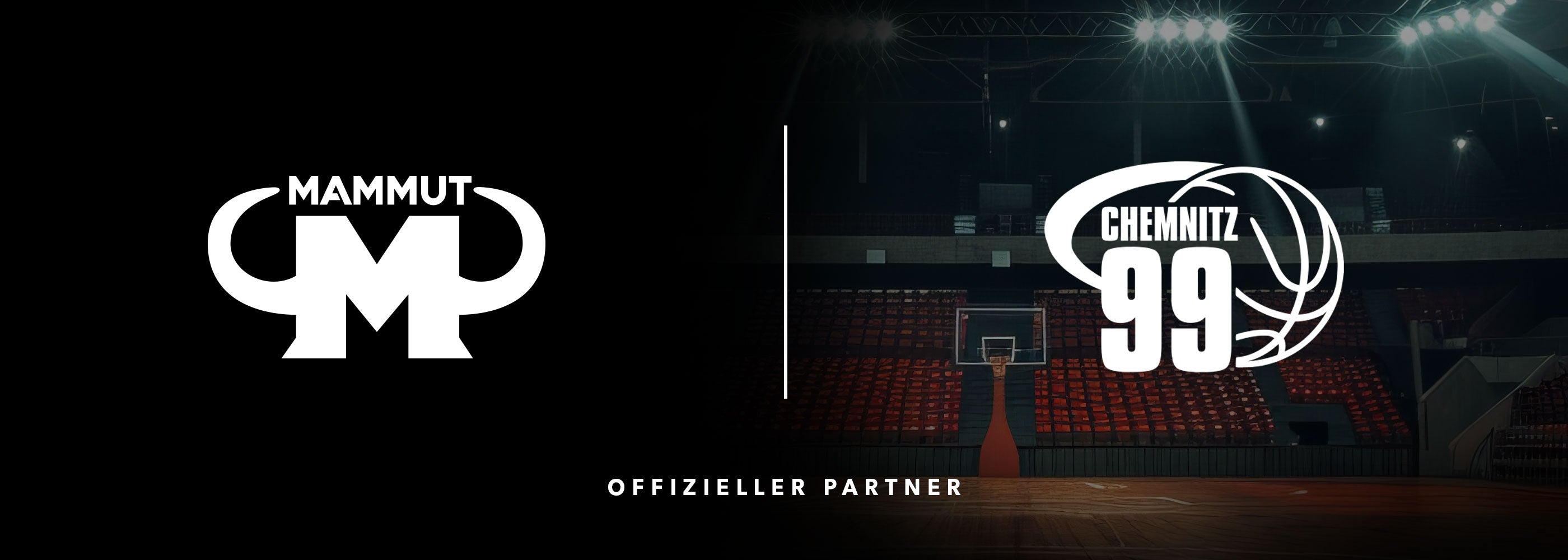 Schwarzer Hintergrund mit Mammut Nutrition Logo links und Chemnitz 99 Basketball-Logo rechts in einer beleuchteten Arena, darunter der Schriftzug ‚Offizieller Partner‘.