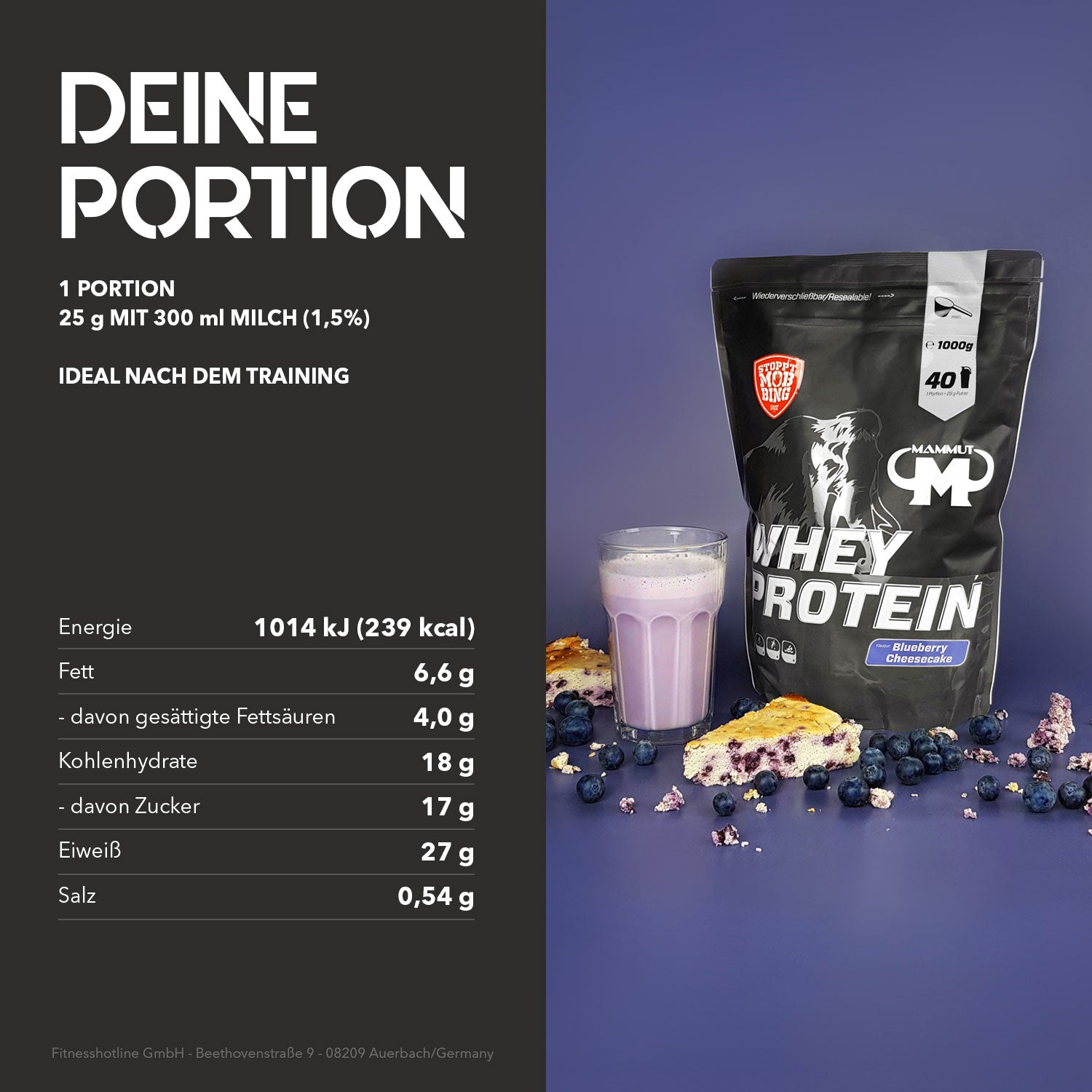 Whey Protein - Blueberry Cheesecake - 1000 g Zipp-Beutel#geschmack_blueberry-cheesecake