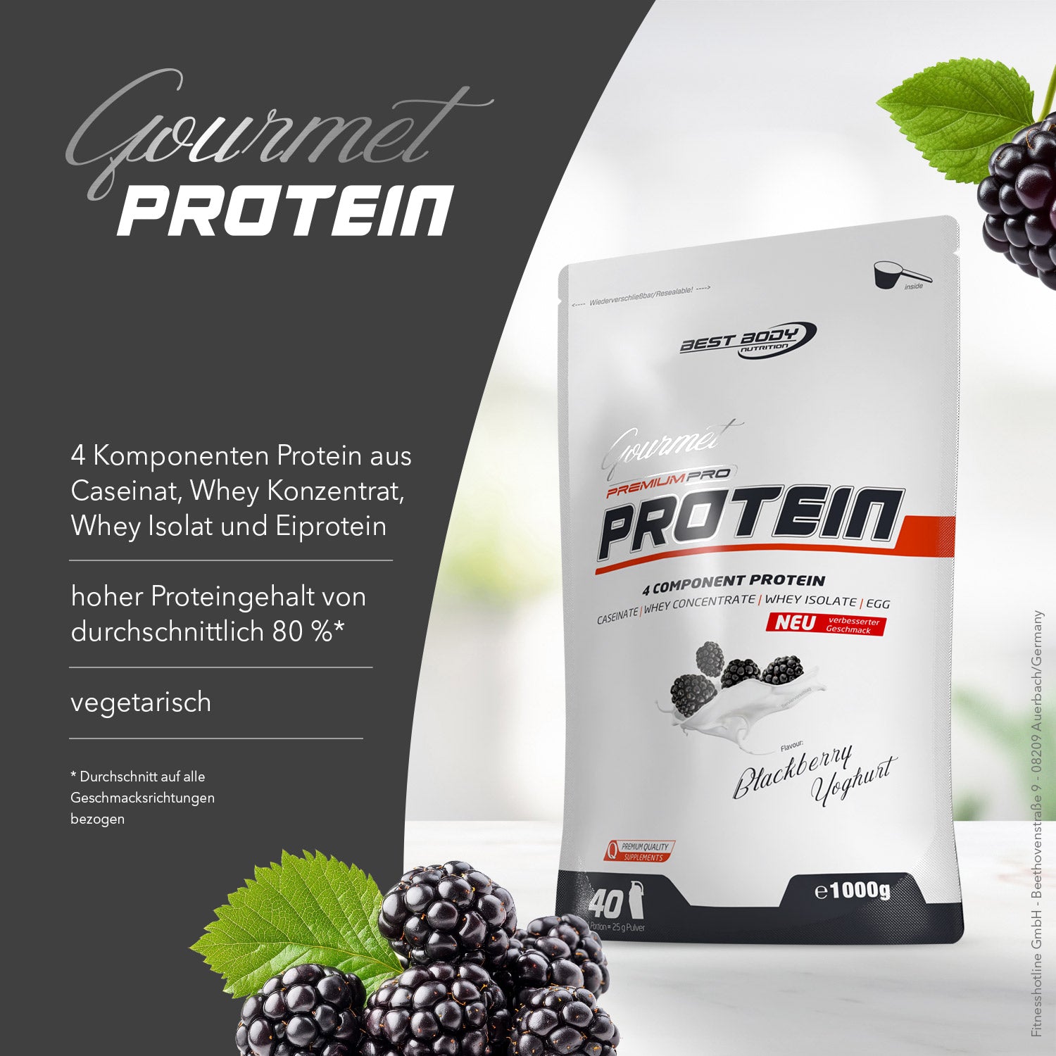 Gourmet Premium Pro Protein - Blackberry Yoghurt - 1000 g Zipp-Beutel#geschmack_blackberry-yoghurt