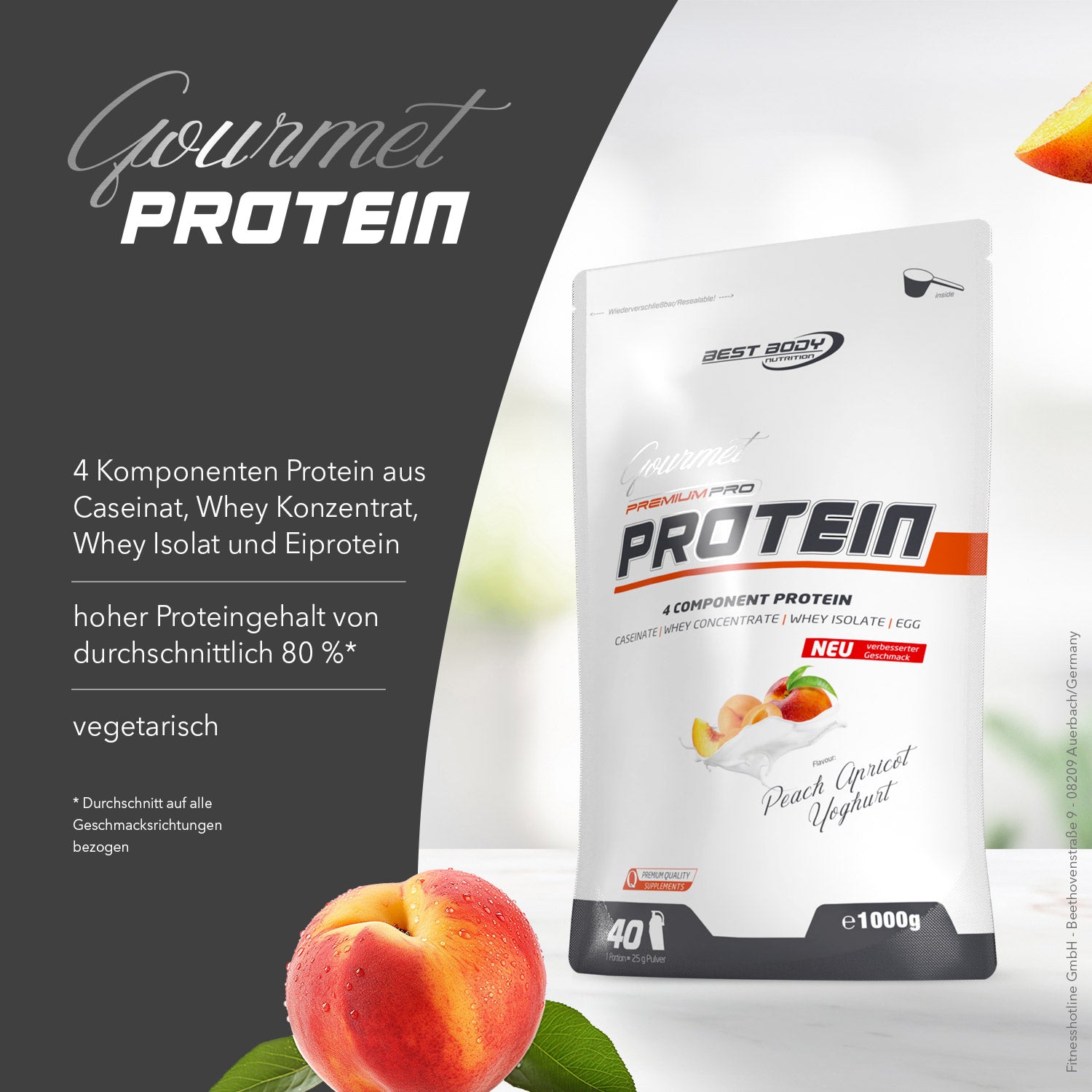 Gourmet Premium Pro Protein - Peach Apricot Yoghurt - 1000 g Zipp-Beutel#geschmack_peach-apricot-yoghurt