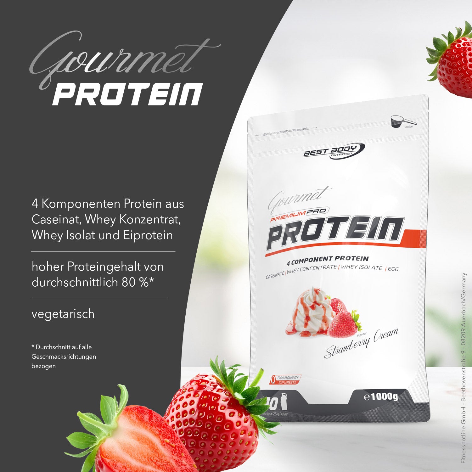 Gourmet Premium Pro Protein - Strawberry Cream - 1000 g Zipp-Beutel#geschmack_strawberry-cream