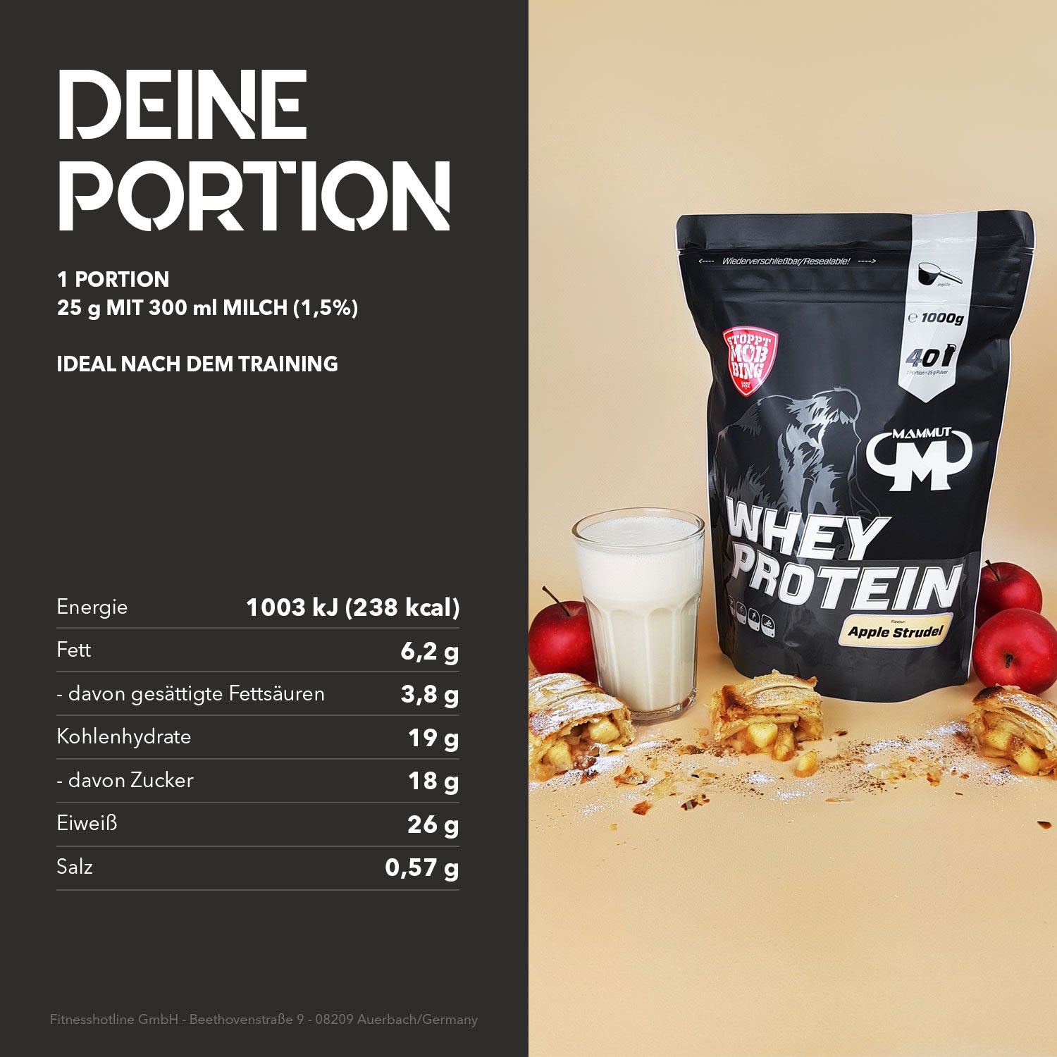 Whey Protein - Apple Strudel - 1000 g Zipp-Beutel#geschmack_apple-strudel