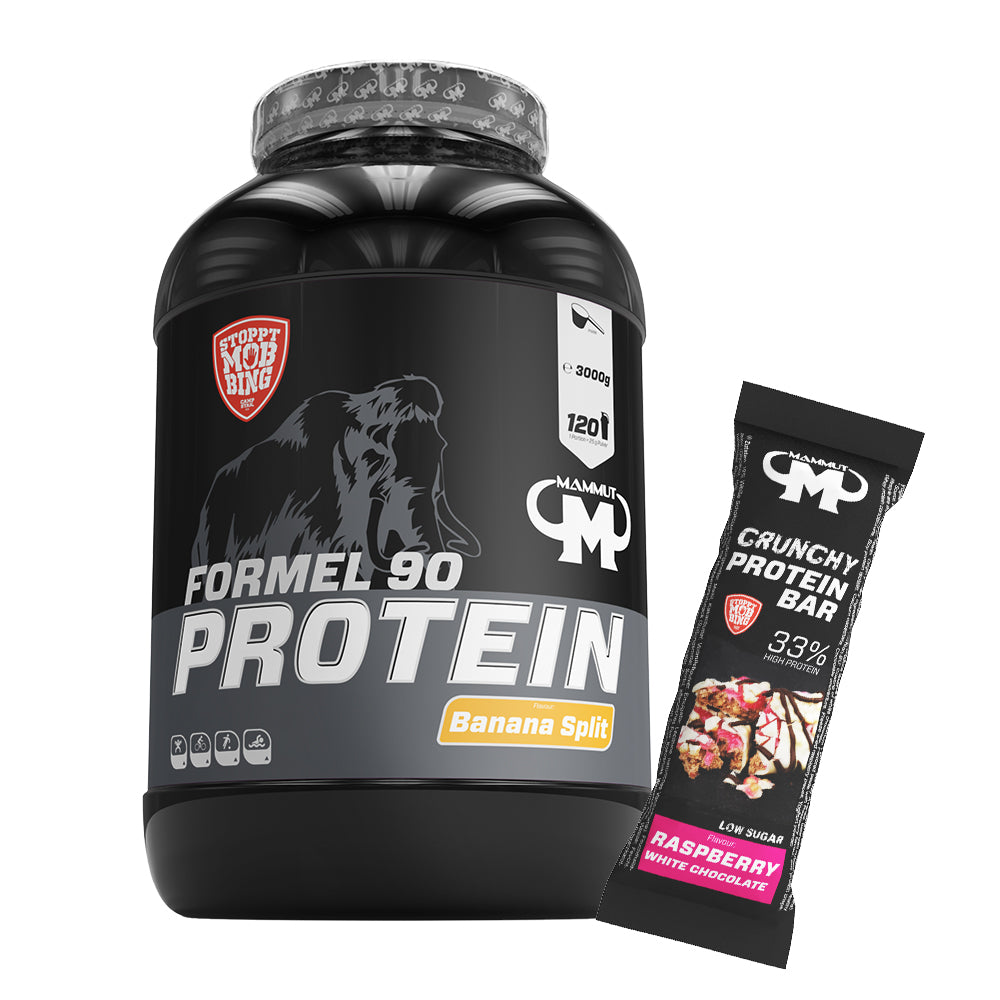 Formel 90 Protein - Banana Split - 3000 g Dose + Protein Bar (Raspberry White Chocolate)#geschmack_banana-split