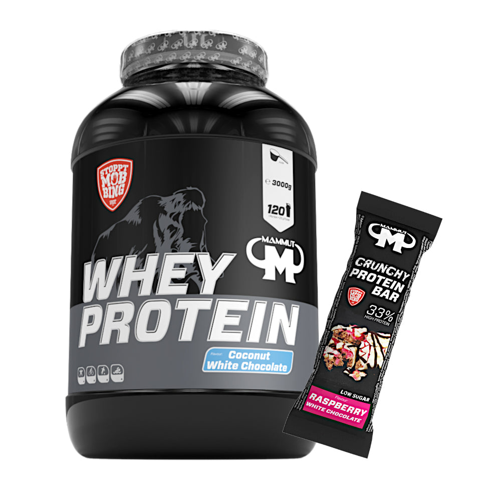 Whey Protein - Coconut White Chocolate - 3000 g Dose + Protein Bar (Raspberry White Chocolate)#geschmack_coconut-white-chocolate
