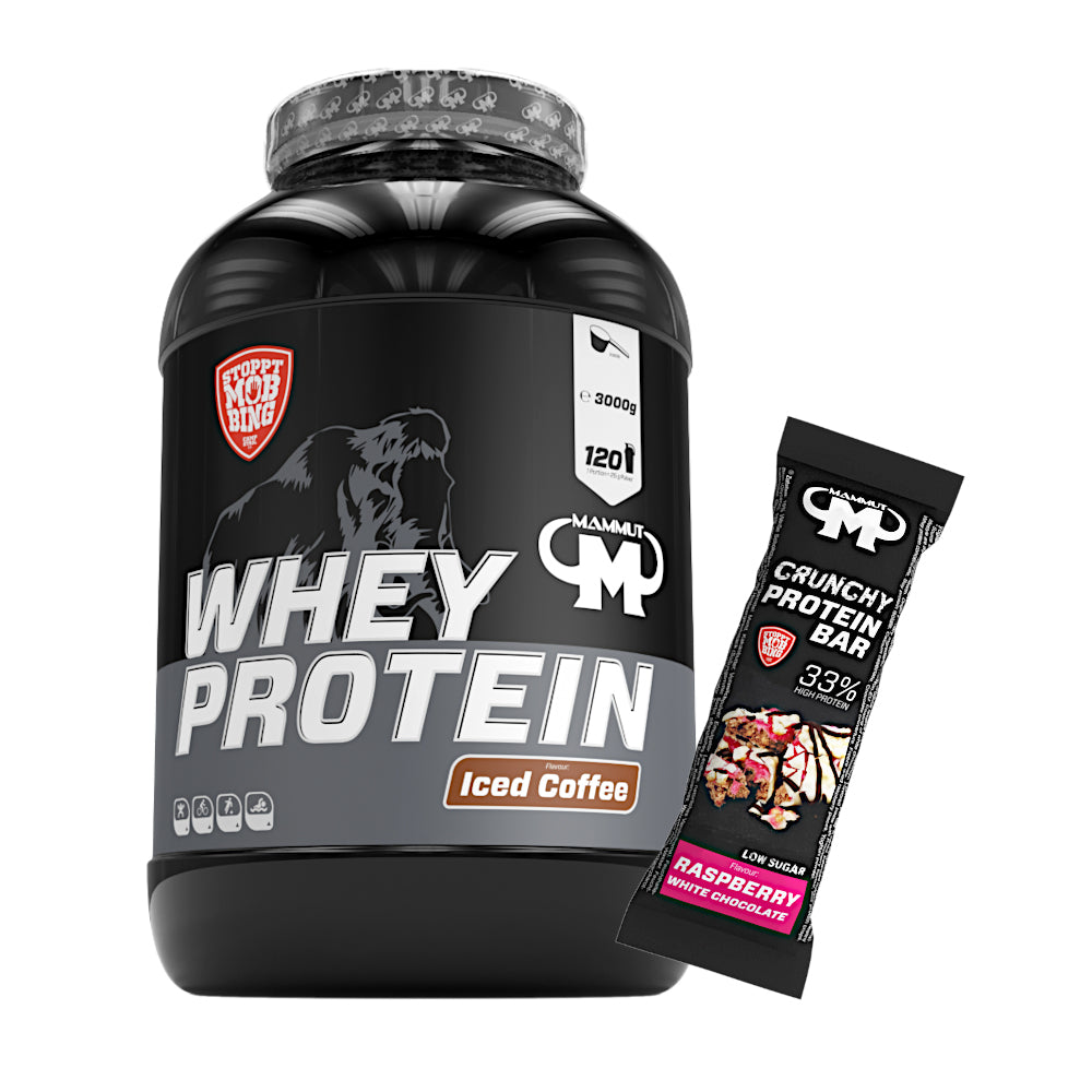 Whey Protein - Iced Coffee - 3000 g Dose + Protein Bar (Raspberry White Chocolate)#geschmack_iced-coffee