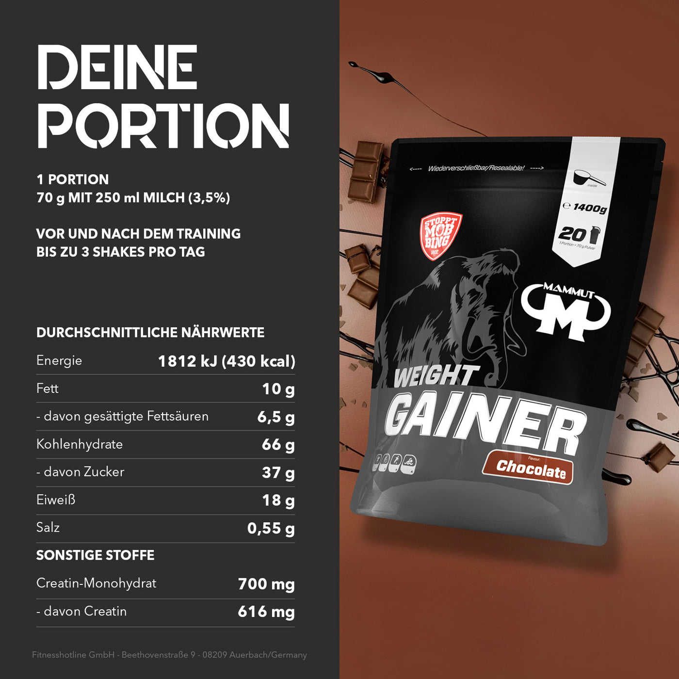 Weight Gainer Crash 5000 - Chocolate - 1400 g Zipp-Beutel#geschmack_schoko