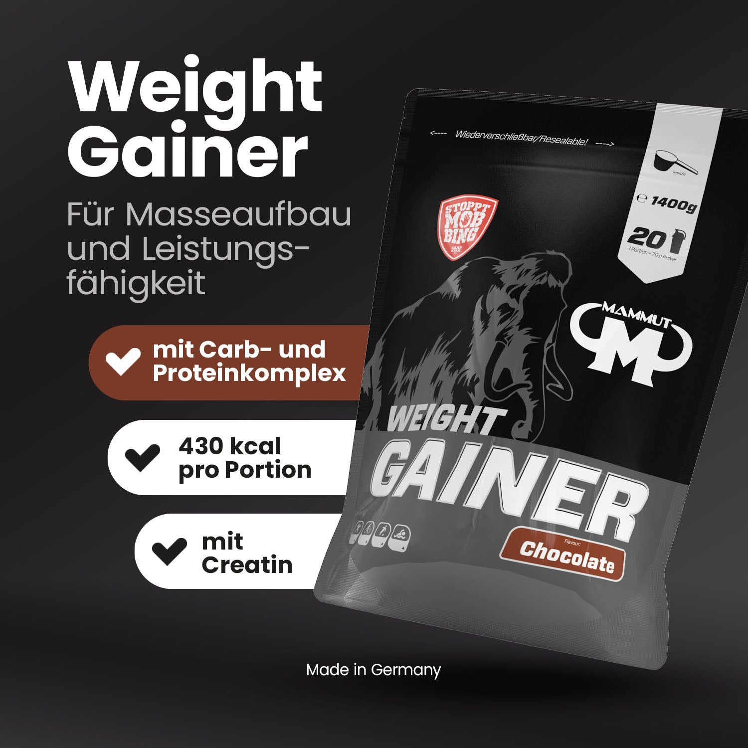 Weight Gainer Crash 5000 - Chocolate - 1400 g Zipp-Beutel#geschmack_schoko