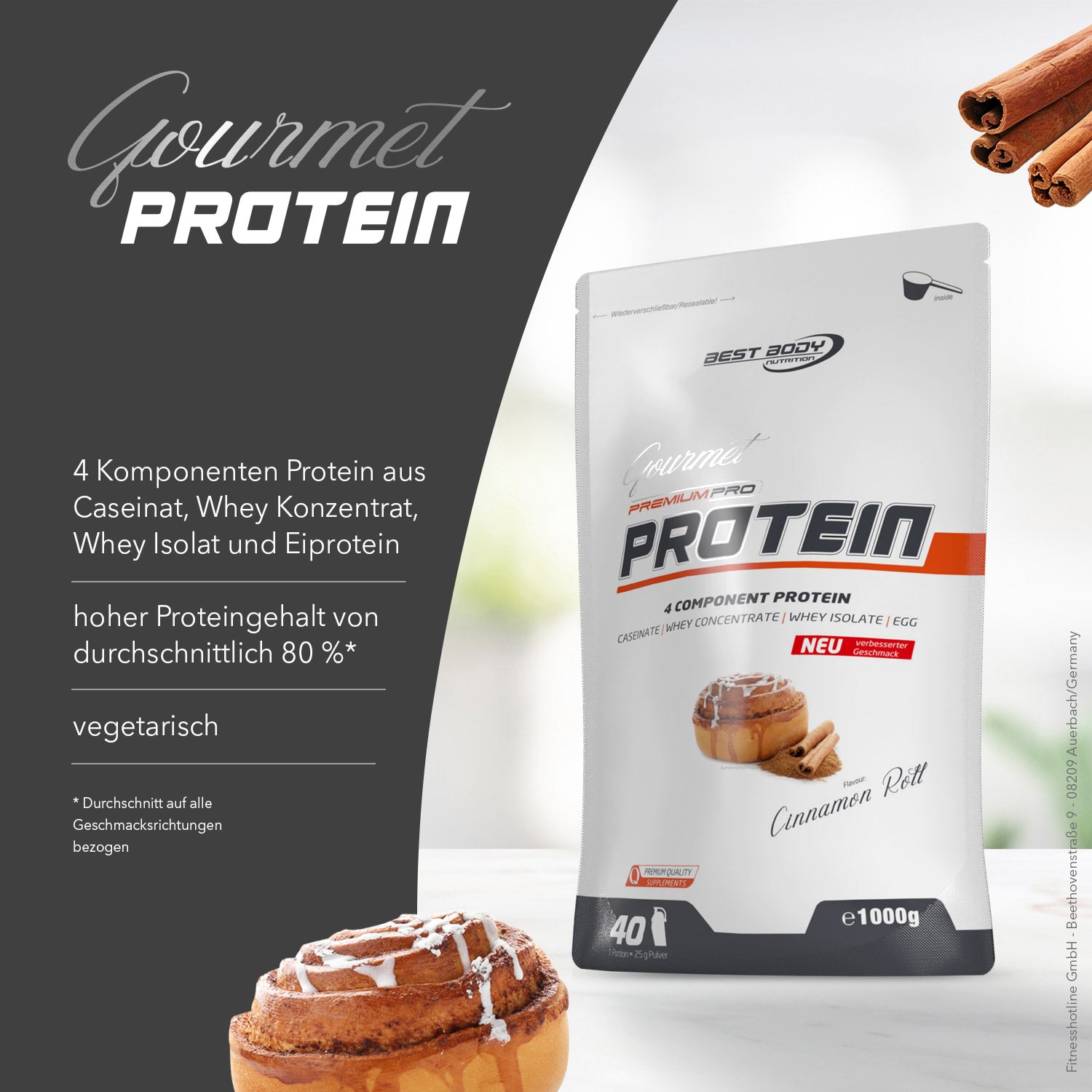 Gourmet Premium Pro Protein - Cinnamon Roll - 1000 g Zipp-Beutel#geschmack_cinnamon-roll