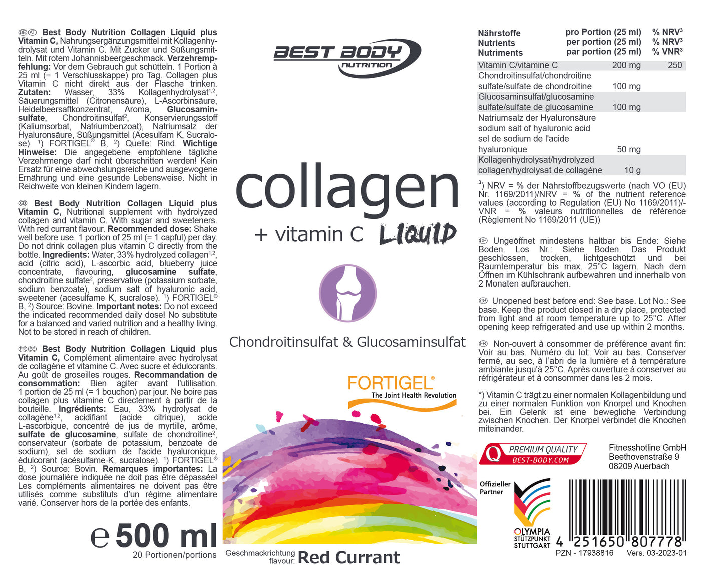 Collagen Liquid plus Vitamin C - Red Currant - 500 ml Flasche