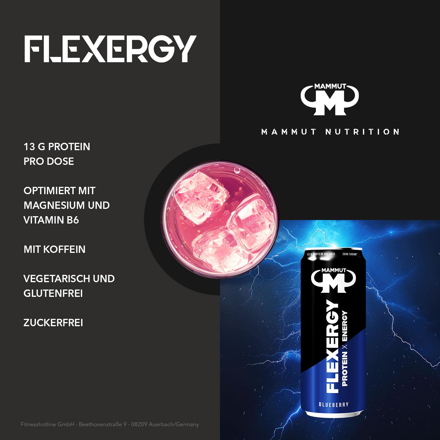 Flexergy - Protein Energy Drink - RTD - Blueberry - 330 ml Dose - MHD 08/25#geschmack_blueberry