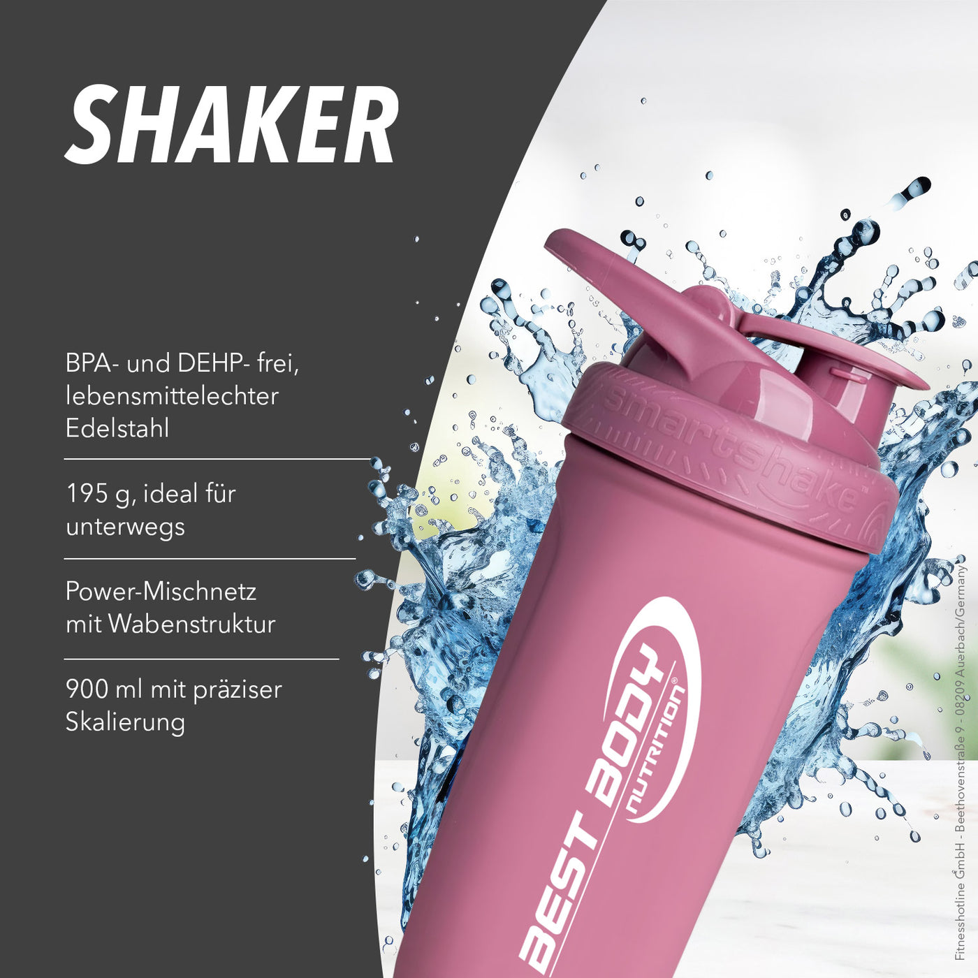 Edelstahl Shaker - Reforce Deep Rose Matt - Design Best Body Nutrition - Stück#farbe_matt-altrosa