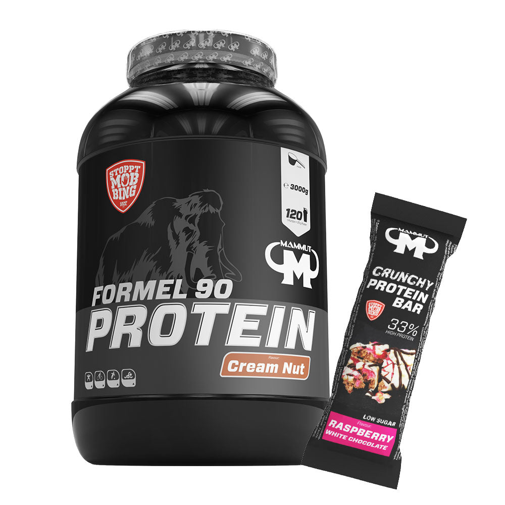 Formel 90 Protein - Cream Nut - 3000 g Dose + Protein Bar (Raspberry White Chocolate)#geschmack_sahne-nuss