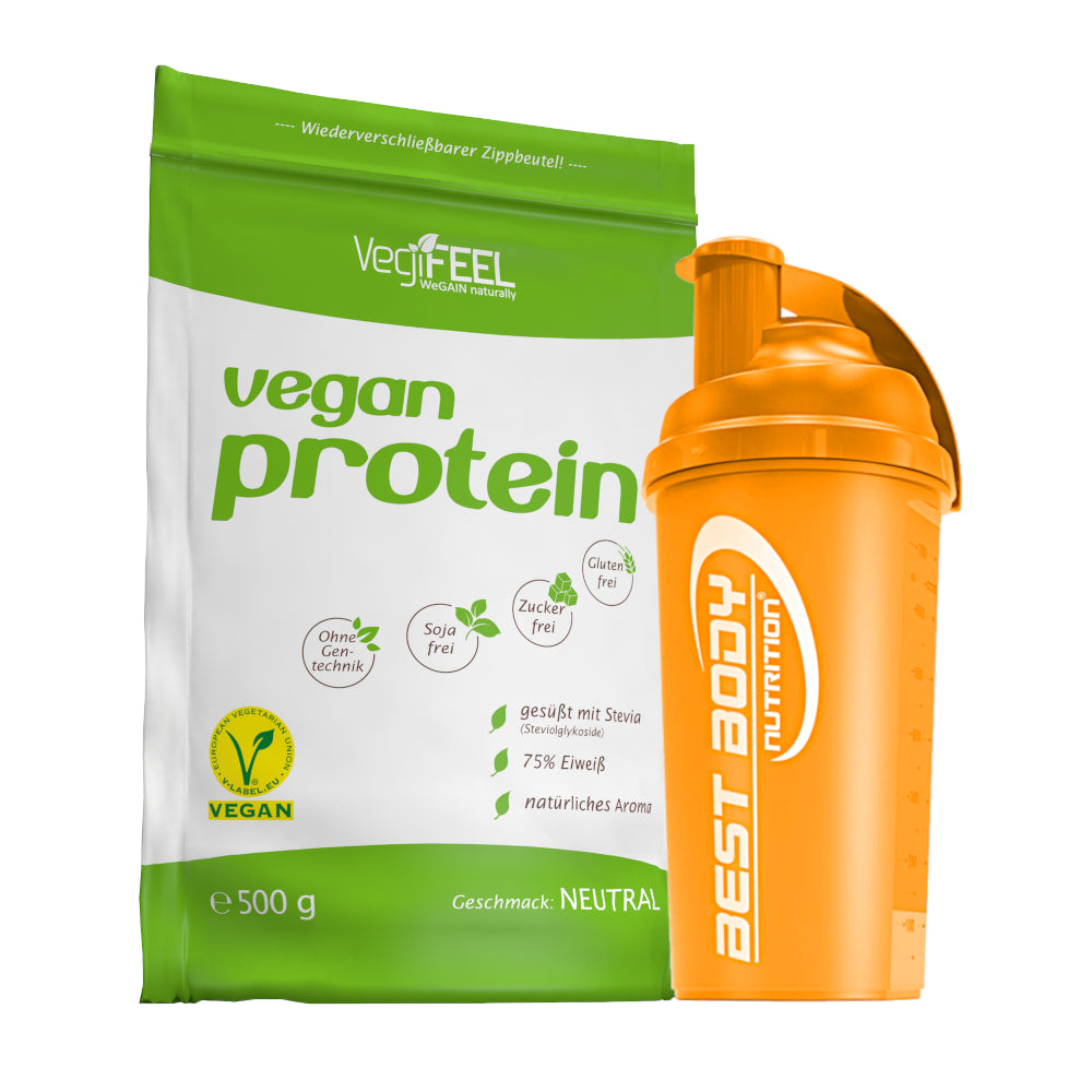 VegiFEEL Vegan Protein - Neutral - 500 g Zipp-Beutel + Shaker (orange)#geschmack_neutral