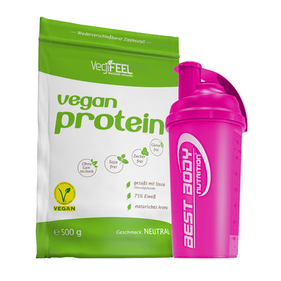 VegiFEEL Vegan Protein - Neutral - 500 g Zipp-Beutel + Shaker (pink)#geschmack_neutral