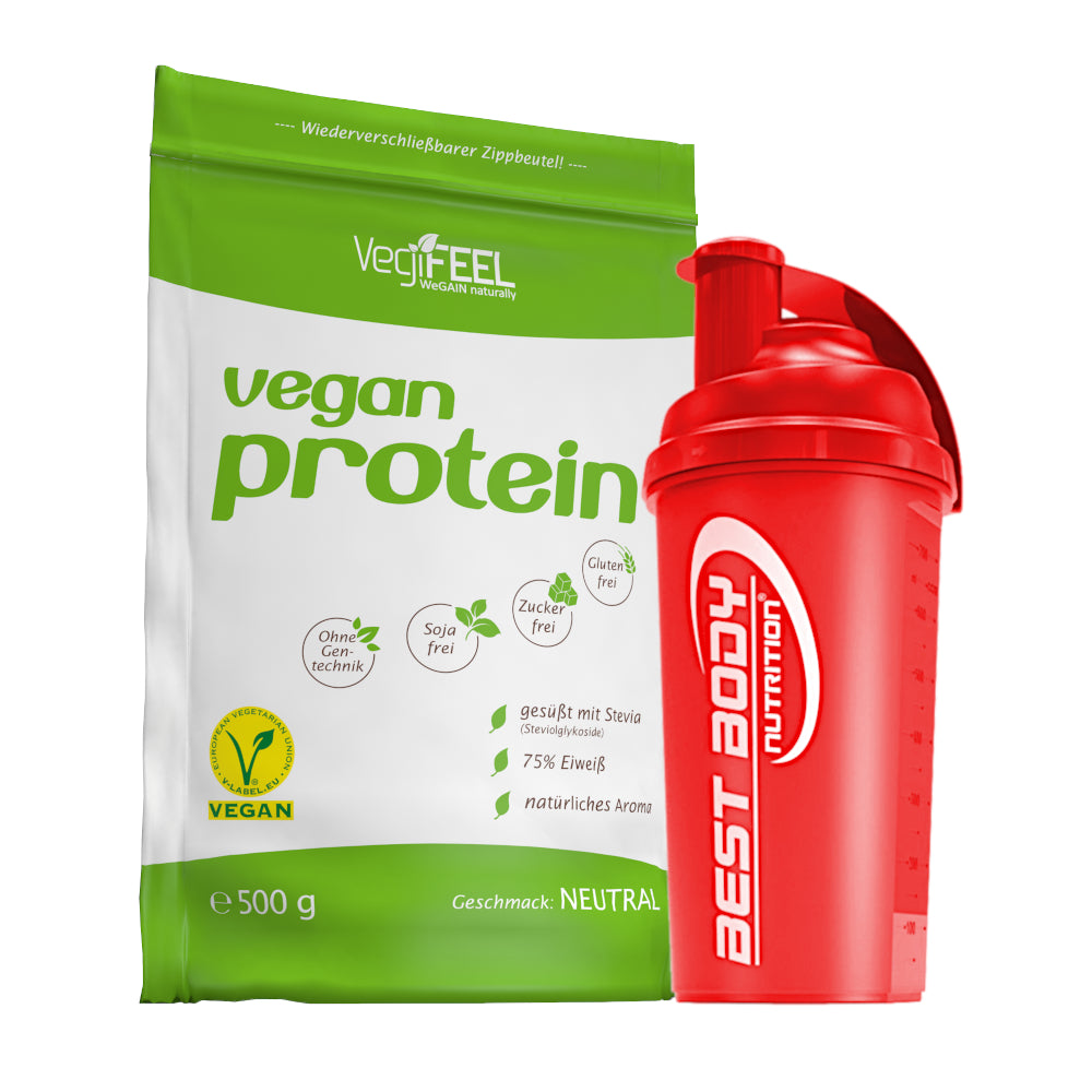 VegiFEEL Vegan Protein - Neutral - 500 g Zipp-Beutel + Shaker (rot)#geschmack_neutral