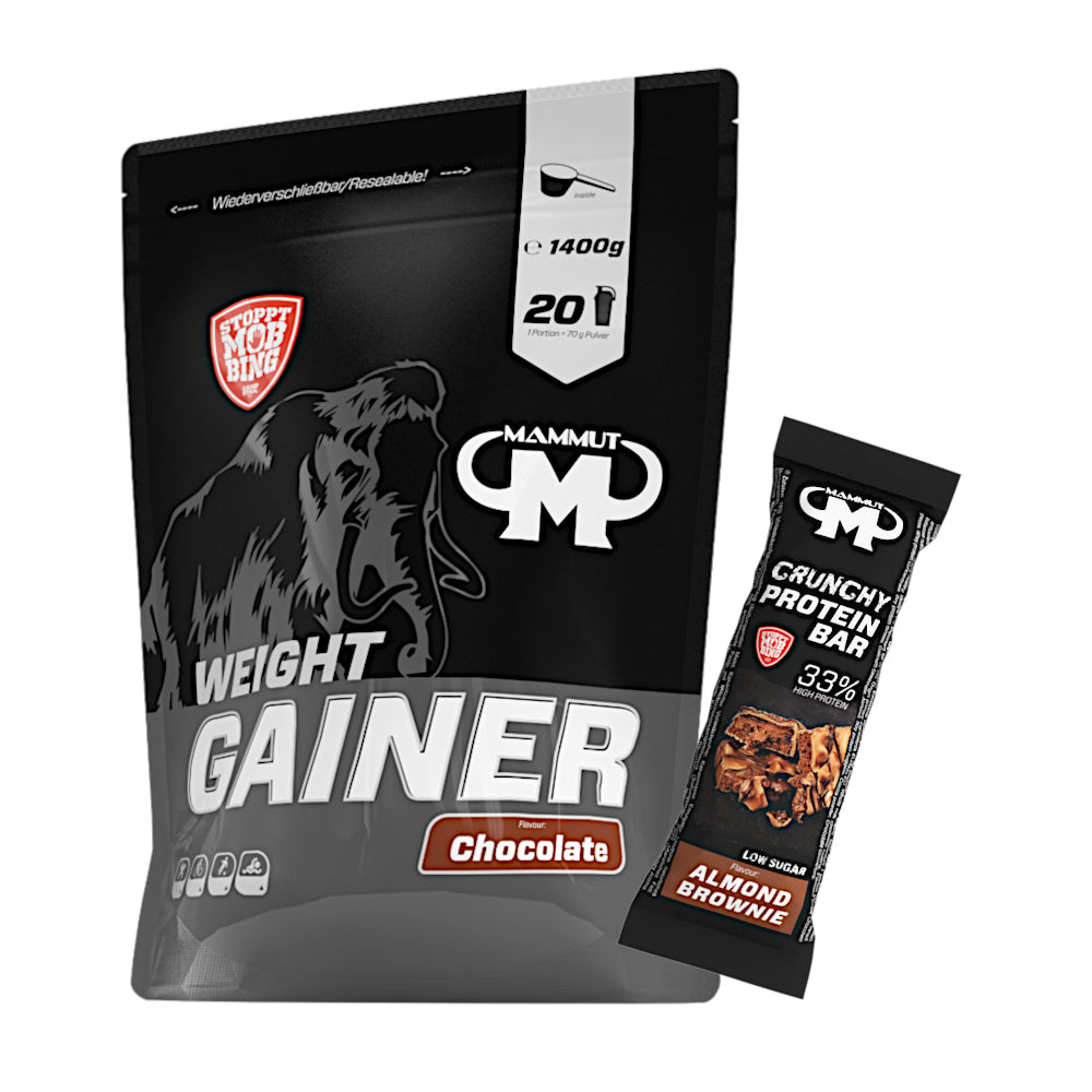 Weight Gainer Crash 5000 - Chocolate - 1400 g Beutel +  Protein Bar (Almond Brownie)