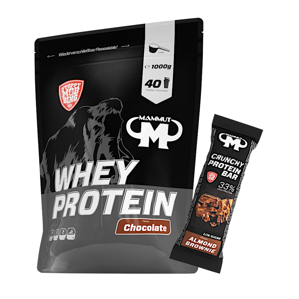 Whey Protein - Chocolate - 1000 g Zipp-Beutel + Protein Bar (Almond Brownie)