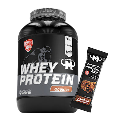 Whey Protein - Cookies - 3000 g Dose + Protein Bar (Almond Brownie)