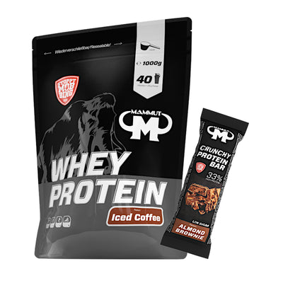 Whey Protein - Iced Coffee - 1000 g Zipp-Beutel + Protein Bar (Almond Brownie)