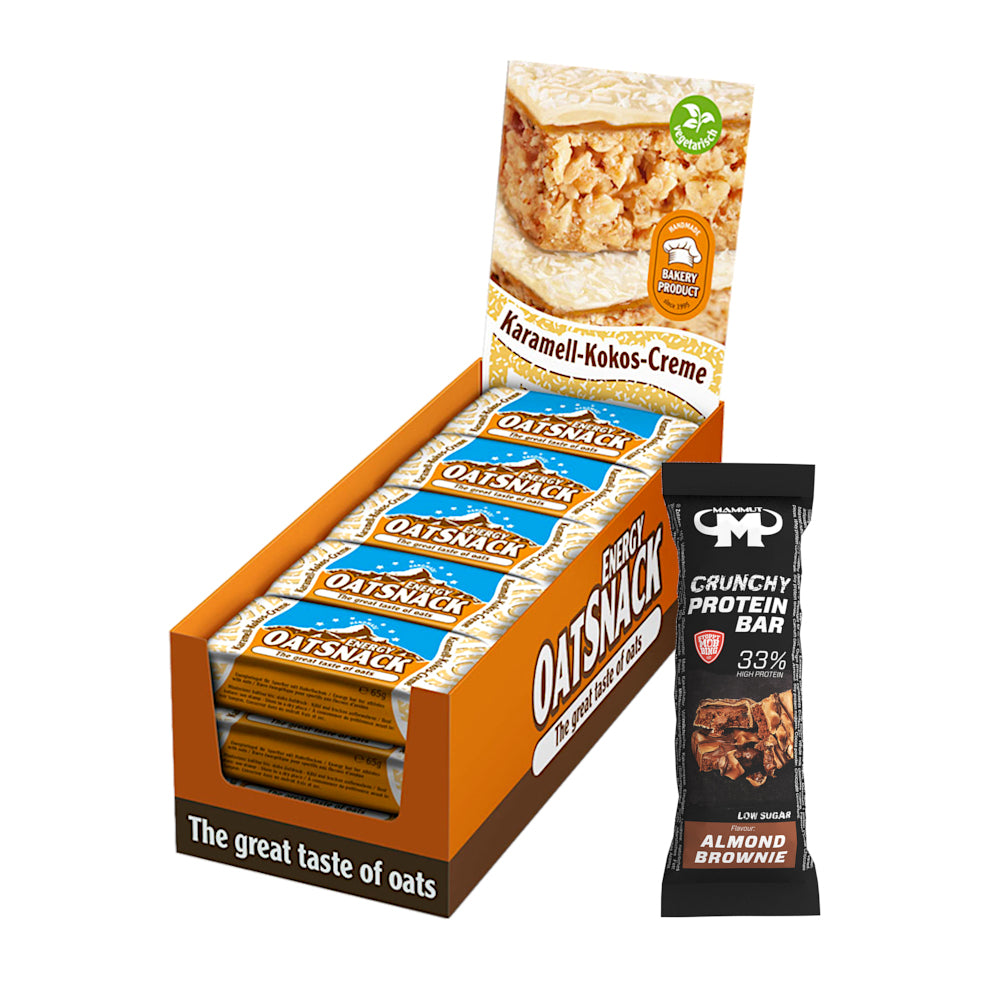 Oat Snack - Karamell-Kokos-Creme - 975 g Faltschachtel + Protein Bar (Almond Brownie)#geschmack_karamell-kokos-creme