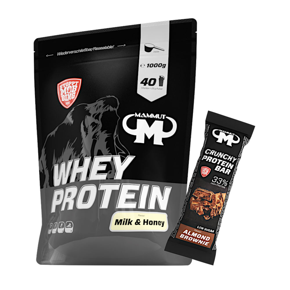 Whey Protein - Milk & Honey - 1000 g Zipp-Beutel + Protein Bar (Almond Brownie)