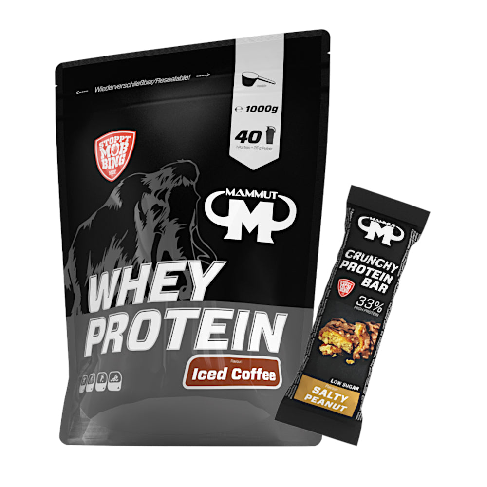 Whey Protein - Iced Coffee - 1000 g Zipp-Beutel + Protein Bar (Salty Peanut)