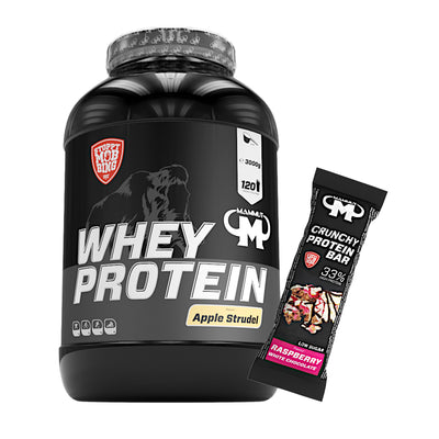 Whey Protein - Apple Strudel - 3000 g Dose + Protein Bar (Raspberry White Chocolate)