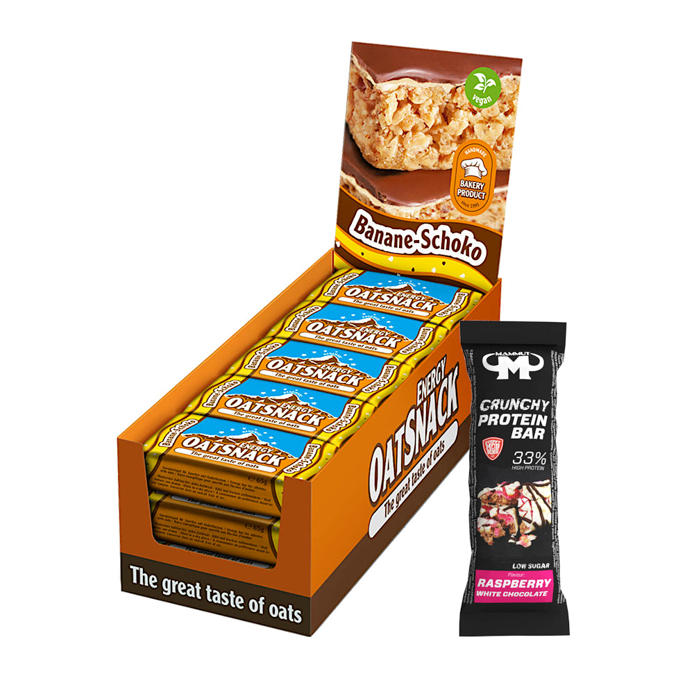 Oat Snack - Banane-Schoko - 975 g Faltschachtel + Protein Bar (Raspberry White Chocolate)#geschmack_banane-schoko