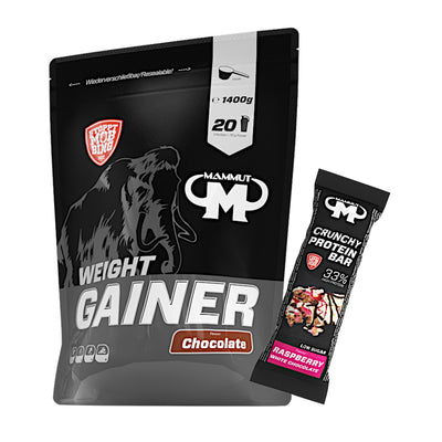 Weight Gainer Crash 5000 - Chocolate - 1400 g Beutel + Protein Bar (Raspberry White Chocolate)