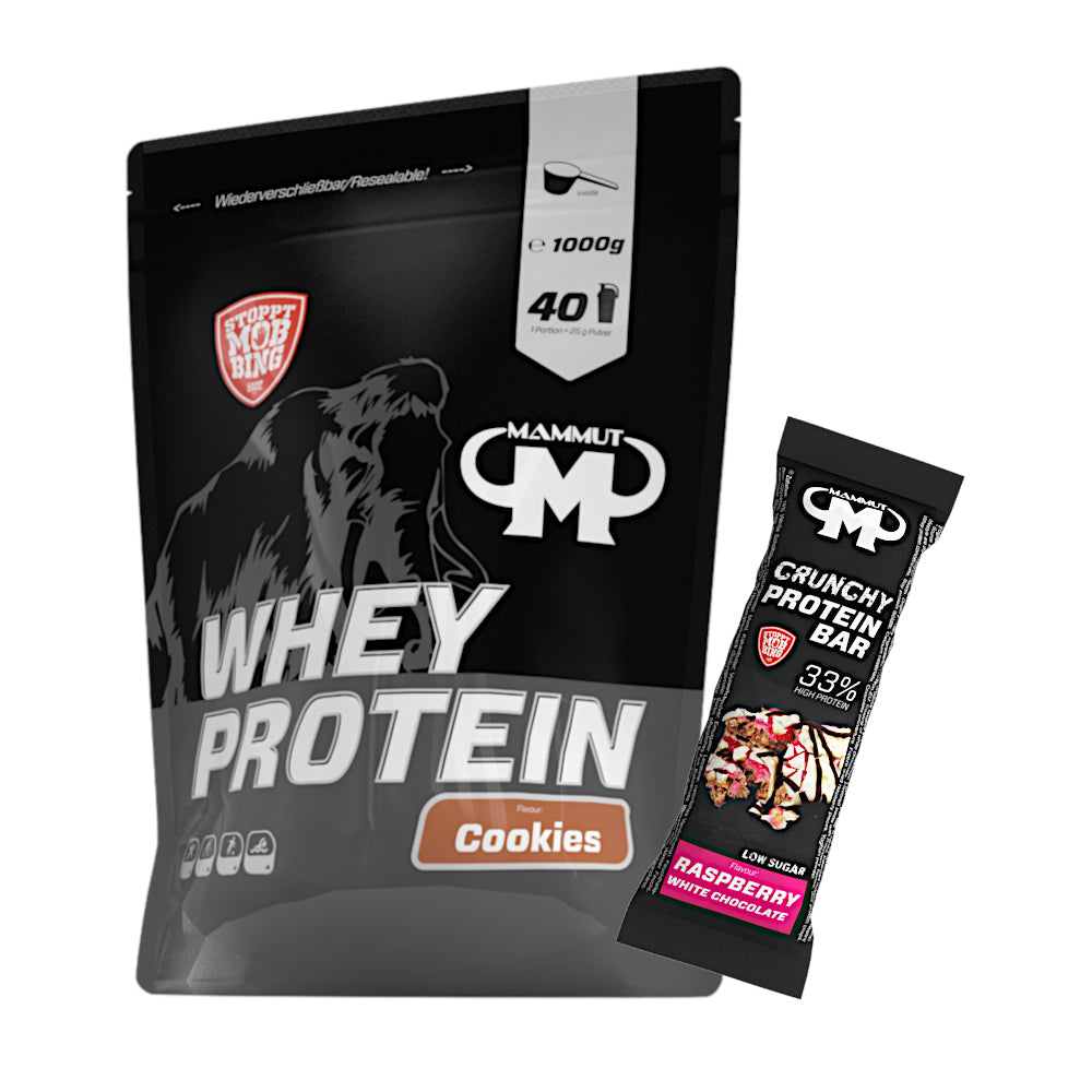 Whey Protein - Cookies - 1000 g Zipp-Beutel + Protein Bar (Raspberry White Chocolate)