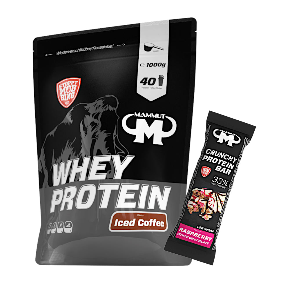 Whey Protein - Iced Coffee - 1000 g Zipp-Beutel + Protein Bar (Raspberry White Chocolate)