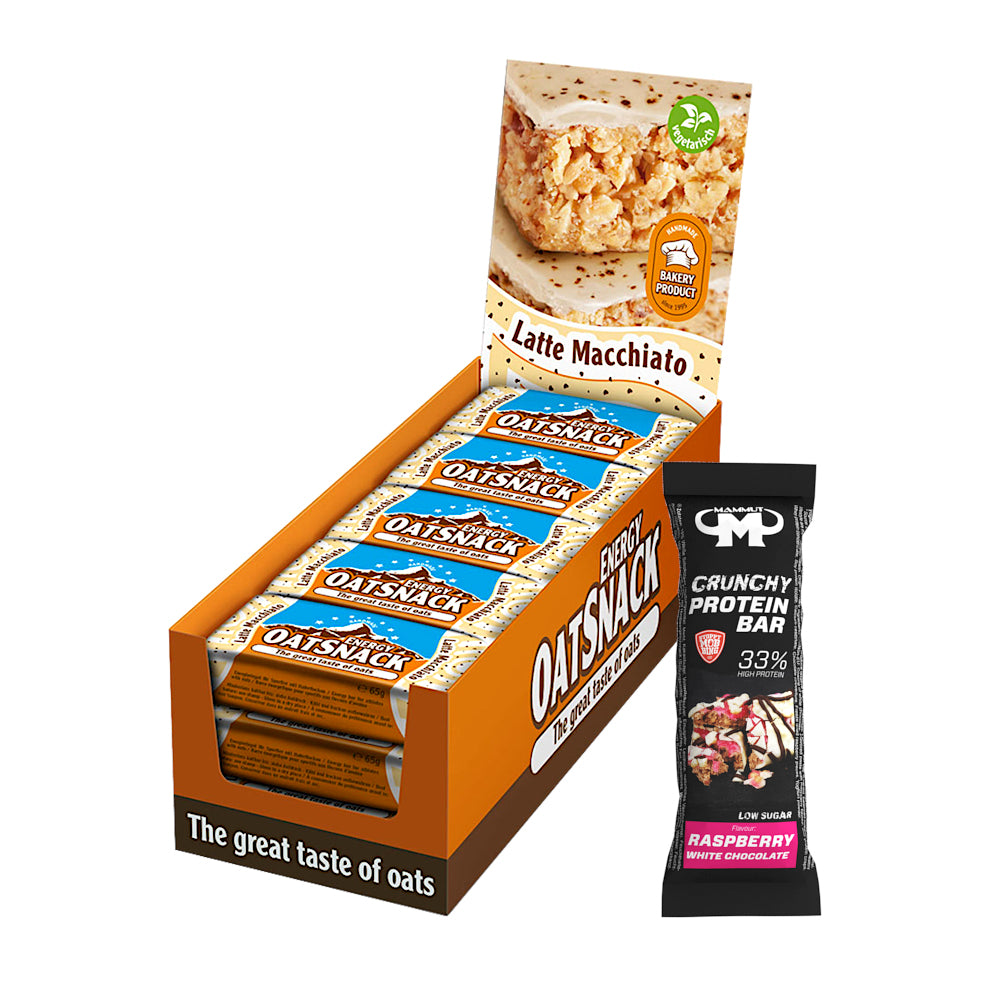 Oat Snack - Latte Macchiato - 975 g Faltschachtel + Protein Bar (Raspberry White Chocolate)#geschmack_latte-macchiato