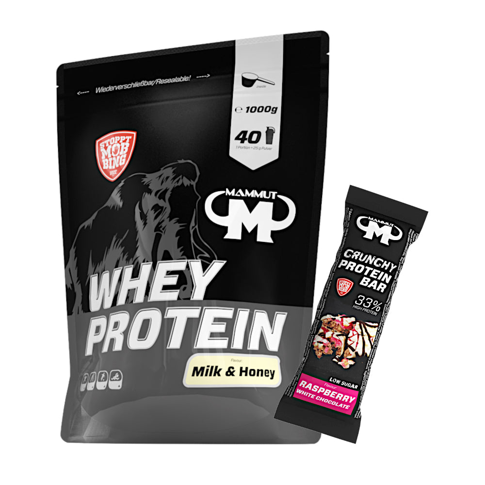 Whey Protein - Milk & Honey - 1000 g Zipp-Beutel + Protein Bar (Raspberry White Chocolate)