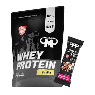Whey Protein - Vanilla - 1000 g Zipp-Beutel + Protein Bar (Raspberry White Chocolate)