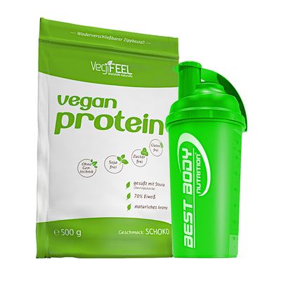VegiFEEL Vegan Protein - Schoko - 500 g Zipp-Beutel + Shaker (grün)#geschmack_schoko