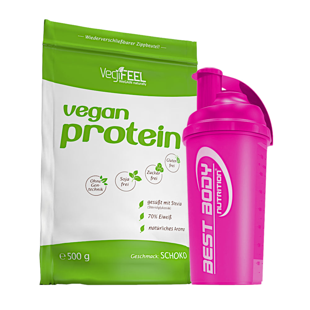 VegiFEEL Vegan Protein - Schoko - 500 g Zipp-Beutel + Shaker (pink)#geschmack_schoko