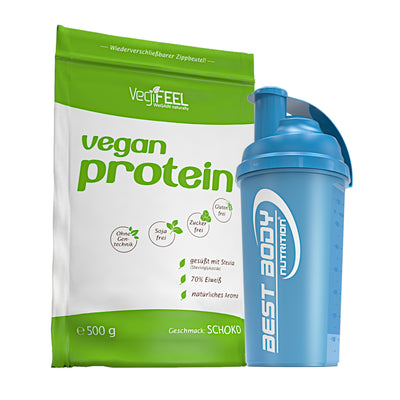 VegiFEEL Vegan Protein - Schoko - 500 g Zipp-Beutel + Shaker (blau)#geschmack_schoko