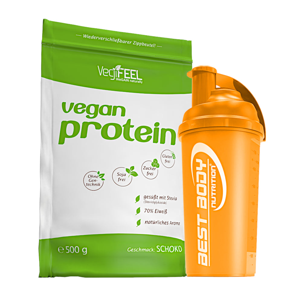 VegiFEEL Vegan Protein - Schoko - 500 g Zipp-Beutel + Shaker (orange)#geschmack_schoko