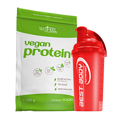 VegiFEEL Vegan Protein - Schoko - 500 g Zipp-Beutel + Shaker (rot)#geschmack_schoko