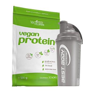 VegiFEEL Vegan Protein - Schoko - 500 g Zipp-Beutel + Shaker (schwarz)#geschmack_schoko